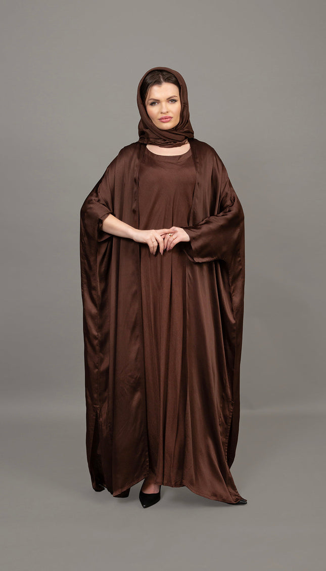 عباية قفطان من الساتان باللون البني الغني بالشوكولاتة