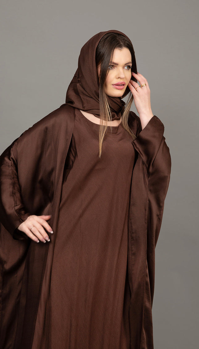عباية قفطان من الساتان باللون البني الغني بالشوكولاتة