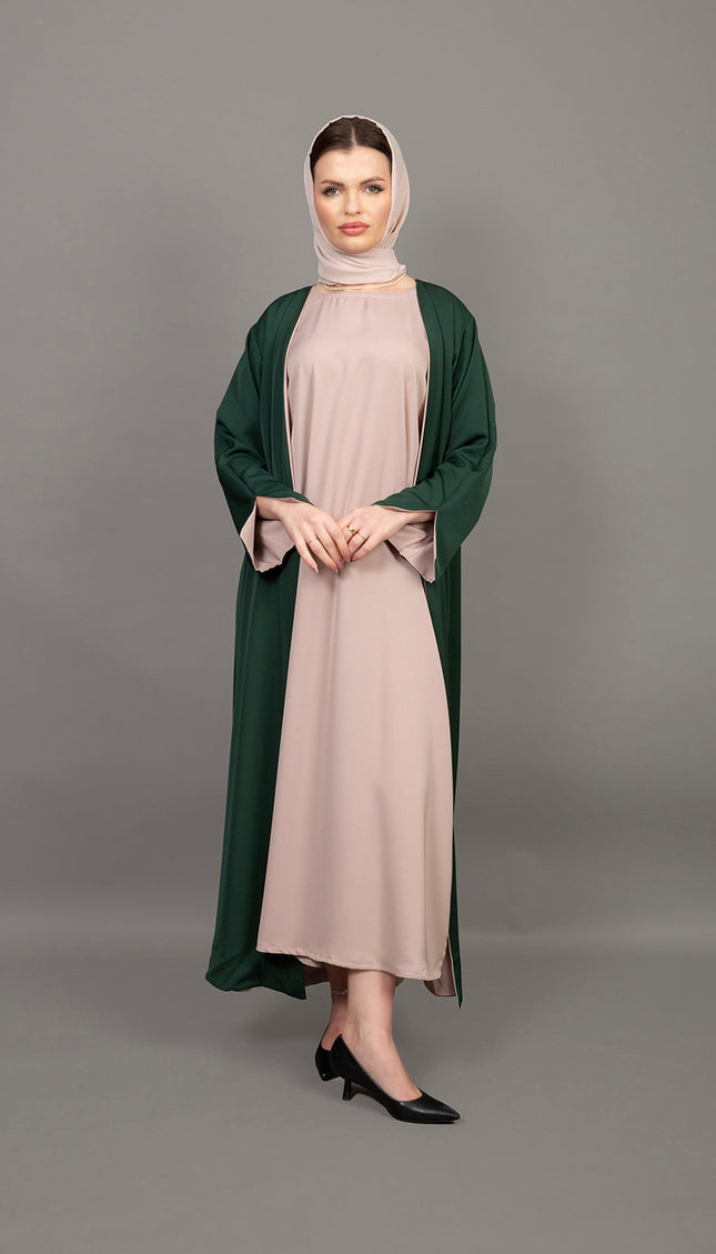 طقم عباية من ثلاث قطع، قابل للعكس، باللون الأخضر الزمردي والبيج 