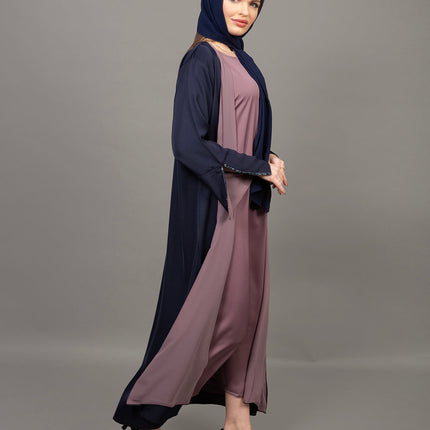 Navy Blue & Mauve 3-Piece Abaya Set