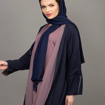 Navy Blue & Mauve 3-Piece Abaya Set