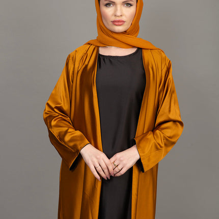 Reversible Mustard Gold & Black Satin Abaya Set (3-Piece)