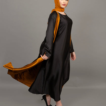 Reversible Mustard Gold & Black Satin Abaya Set (3-Piece)