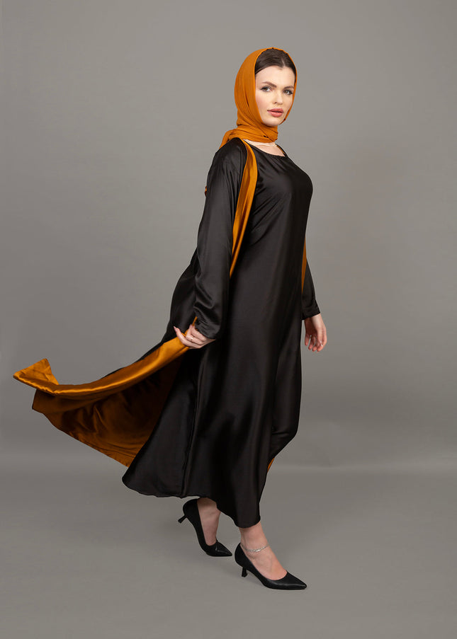 Reversible Mustard Gold & Black Satin Abaya Set (3-Piece)