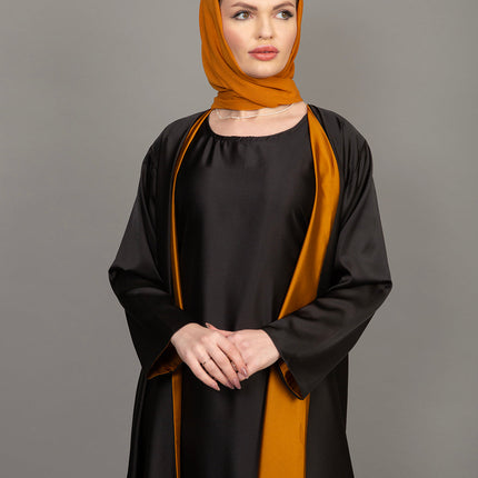 Reversible Mustard Gold & Black Satin Abaya Set (3-Piece)