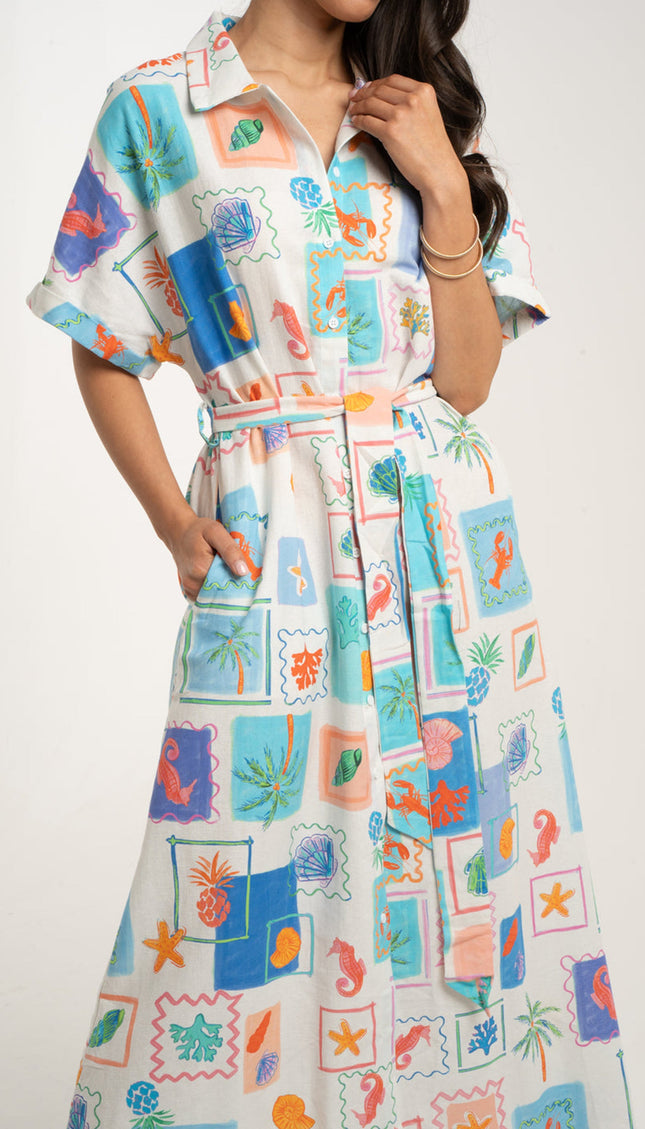 Coastal Print Shirt Dress in Swiss Cotton