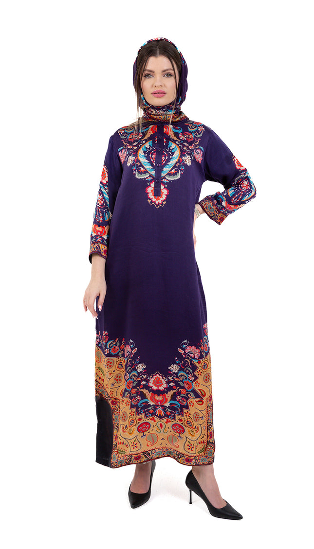 طقم قفطان زاريا من الساتان الكوبرو باللون الأزرق الملكي مع وشاح مطابق 