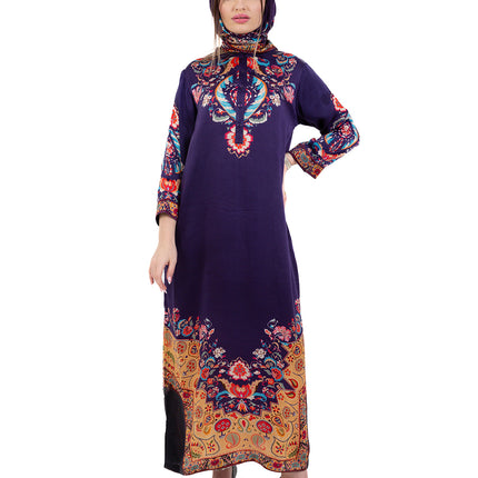 Zaria Royal Blue Cupro Satin Kaftan Set with Matching Scarf