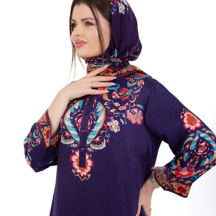 Zaria Royal Blue Cupro Satin Kaftan Set with Matching Scarf