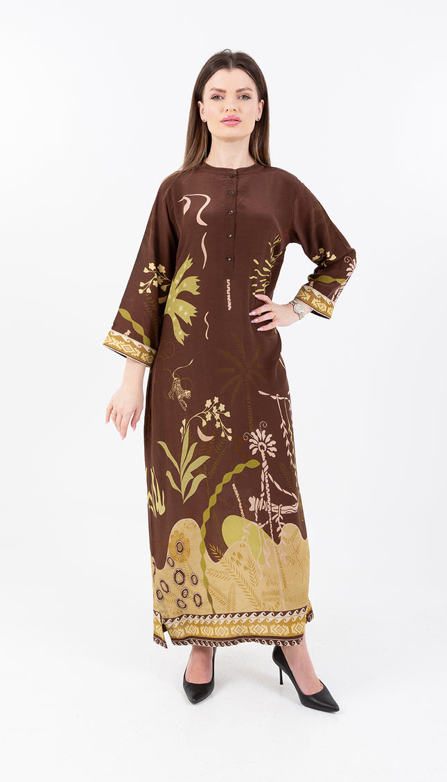 Nooré Brown Cupro Satin Kaftan Set with Matching Scarf