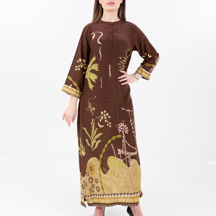 Nooré Brown Cupro Satin Kaftan Set with Matching Scarf