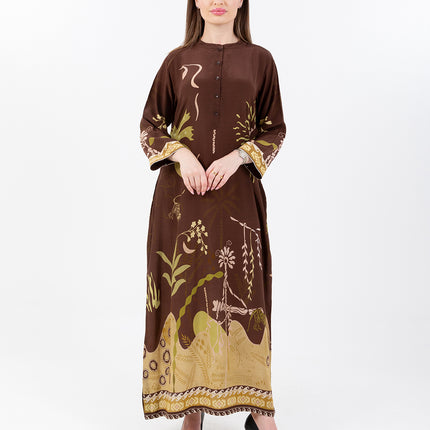 Nooré Brown Cupro Satin Kaftan Set with Matching Scarf