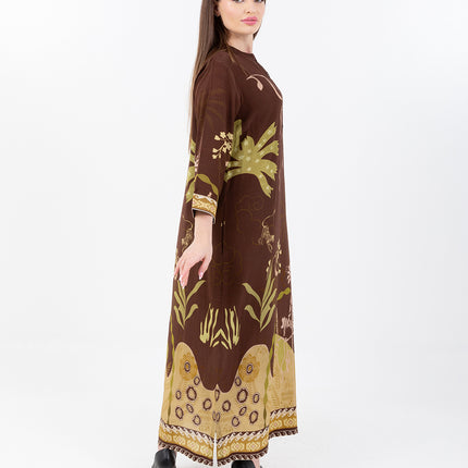 Nooré Brown Cupro Satin Kaftan Set with Matching Scarf