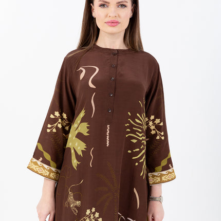 Nooré Brown Cupro Satin Kaftan Set with Matching Scarf
