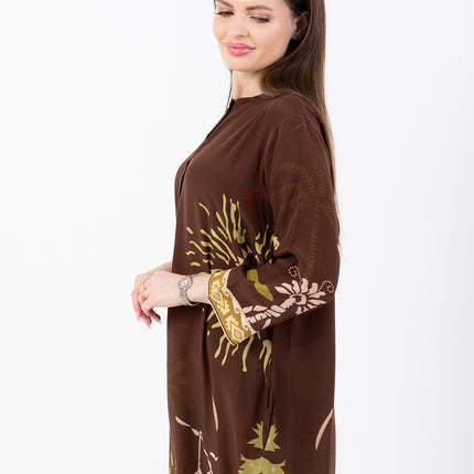 Nooré Brown Cupro Satin Kaftan Set with Matching Scarf