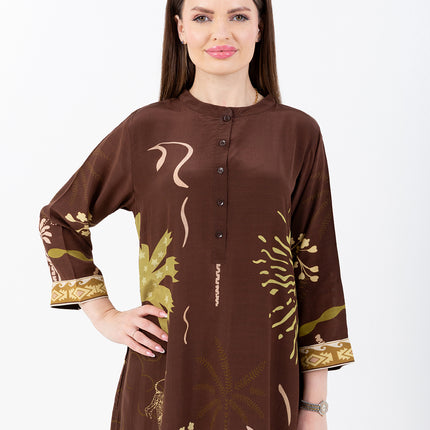Nooré Brown Cupro Satin Kaftan Set with Matching Scarf