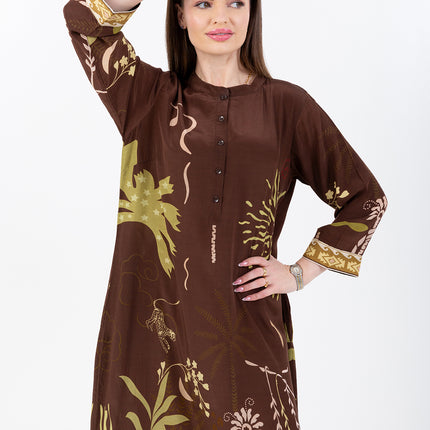 Nooré Brown Cupro Satin Kaftan Set with Matching Scarf