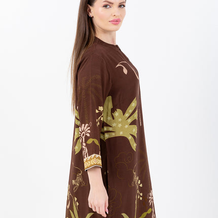 Nooré Brown Cupro Satin Kaftan Set with Matching Scarf