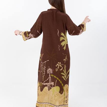 Nooré Brown Cupro Satin Kaftan Set with Matching Scarf
