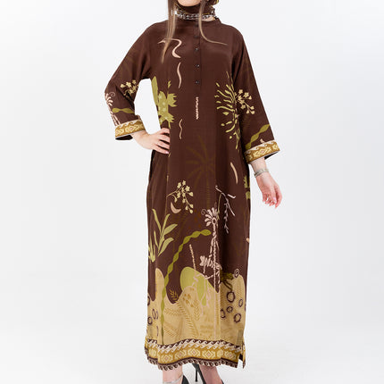 Nooré Brown Cupro Satin Kaftan Set with Matching Scarf