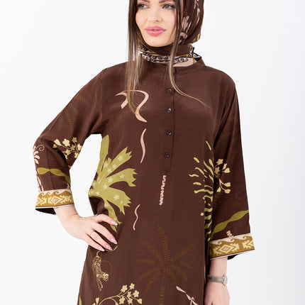 Nooré Brown Cupro Satin Kaftan Set with Matching Scarf