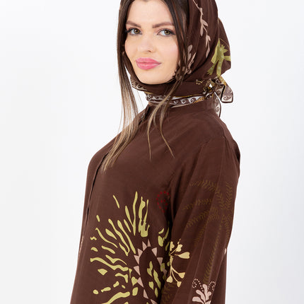 Nooré Brown Cupro Satin Kaftan Set with Matching Scarf