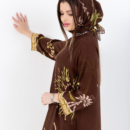 Nooré Brown Cupro Satin Kaftan Set with Matching Scarf