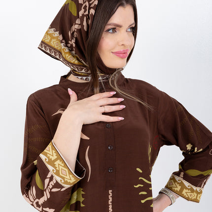 Nooré Brown Cupro Satin Kaftan Set with Matching Scarf