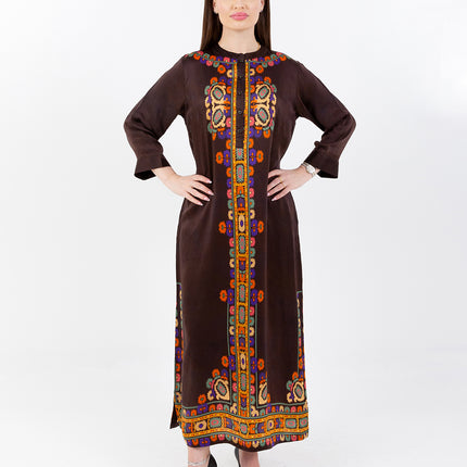 Safiya Deep Brown Cupro Satin Kaftan Set with Matching Scarf