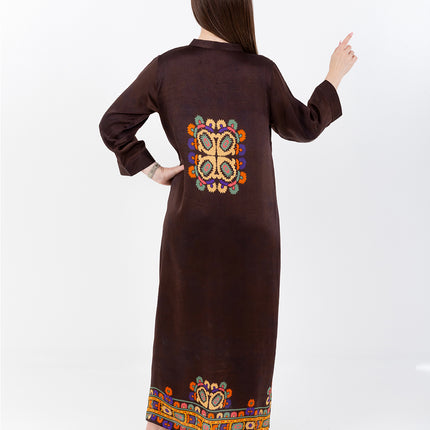 Safiya Deep Brown Cupro Satin Kaftan Set with Matching Scarf