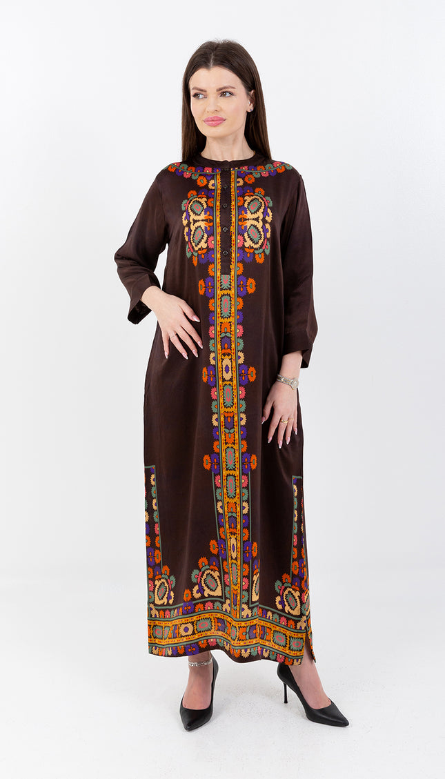 Safiya Deep Brown Cupro Satin Kaftan Set with Matching Scarf