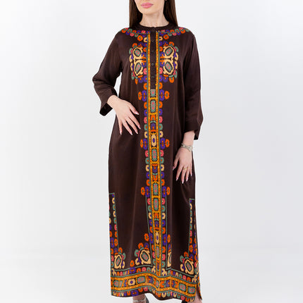 Safiya Deep Brown Cupro Satin Kaftan Set with Matching Scarf