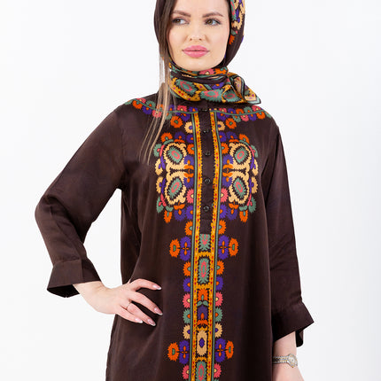 Safiya Deep Brown Cupro Satin Kaftan Set with Matching Scarf