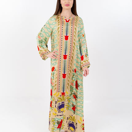 Elara Mint Cupro Satin Kaftan Set with Matching Scarf