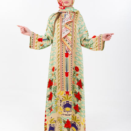 Elara Mint Cupro Satin Kaftan Set with Matching Scarf