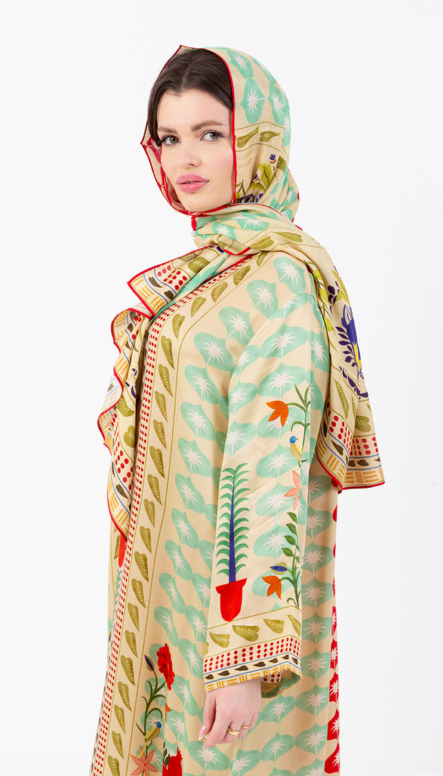 Elara Mint Cupro Satin Kaftan Set with Matching Scarf