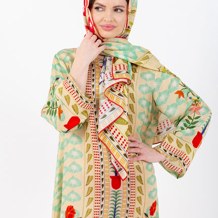 Elara Mint Cupro Satin Kaftan Set with Matching Scarf