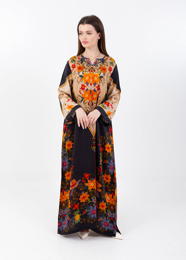 Zaina Black Cupro Satin Kaftan Set with Matching Scarf