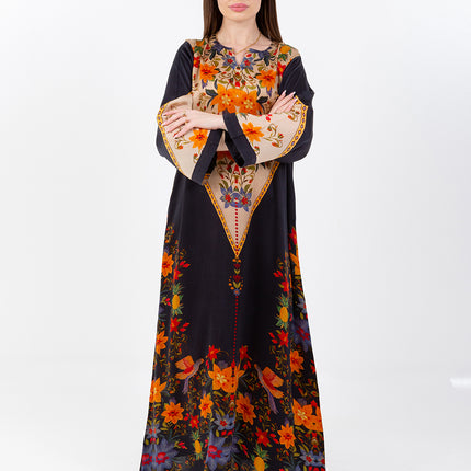 Zaina Black Cupro Satin Kaftan Set with Matching Scarf