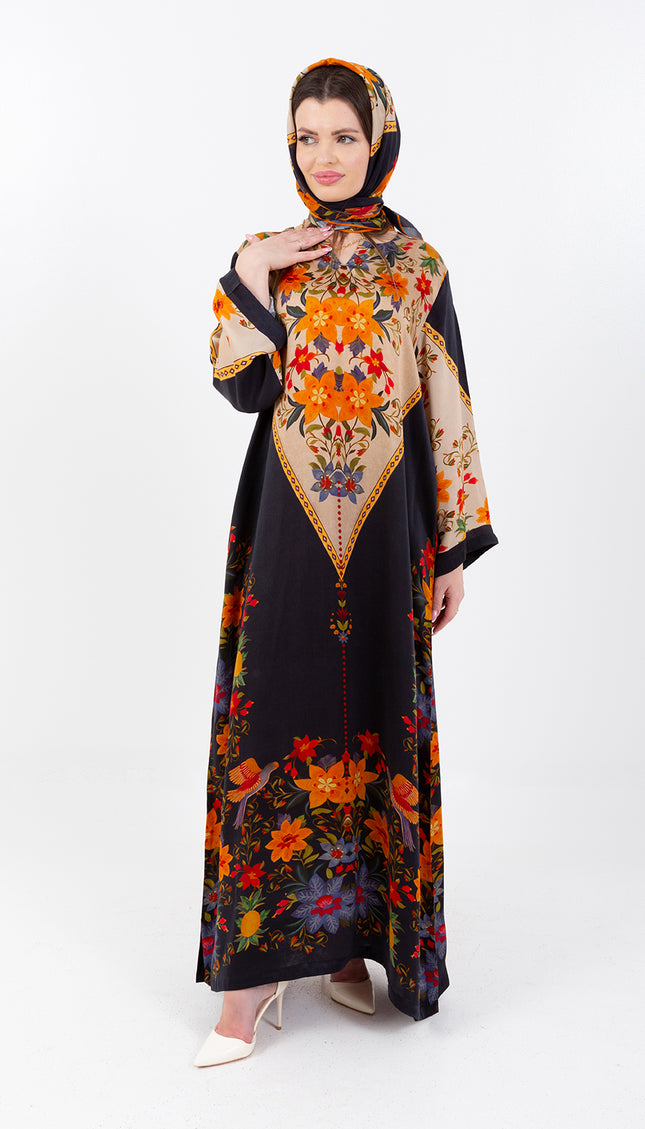 طقم قفطان زينة من الساتان الأسود والكوبرو مع وشاح مطابق 