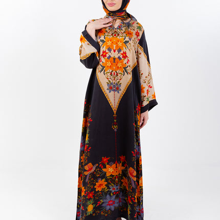 Zaina Black Cupro Satin Kaftan Set with Matching Scarf