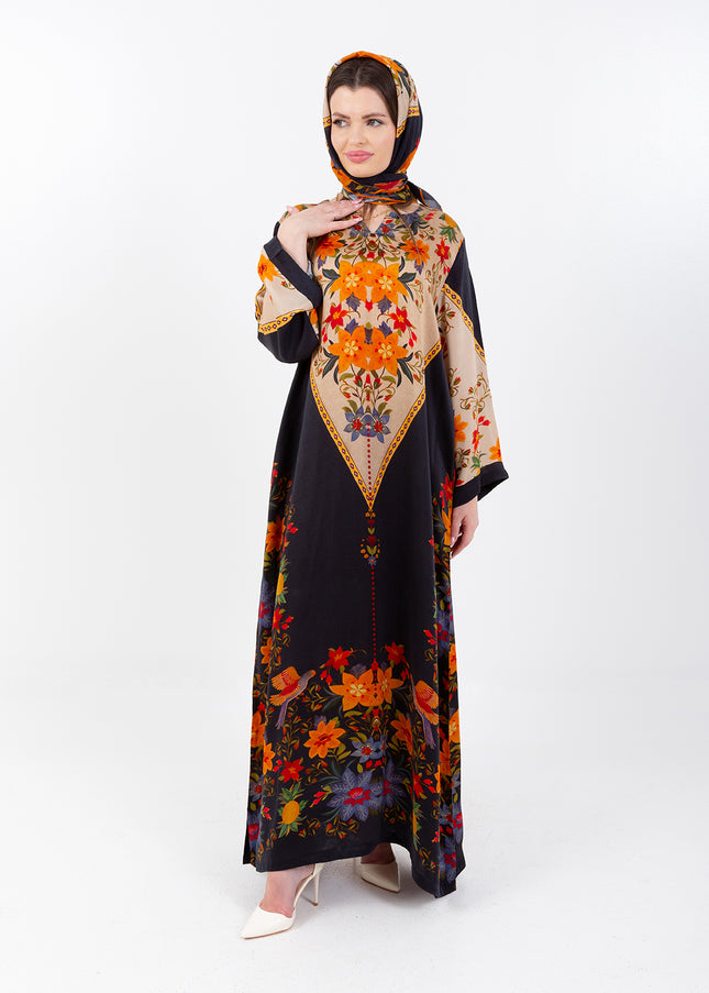Zaina Black Cupro Satin Kaftan Set with Matching Scarf