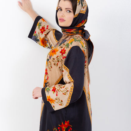 Zaina Black Cupro Satin Kaftan Set with Matching Scarf