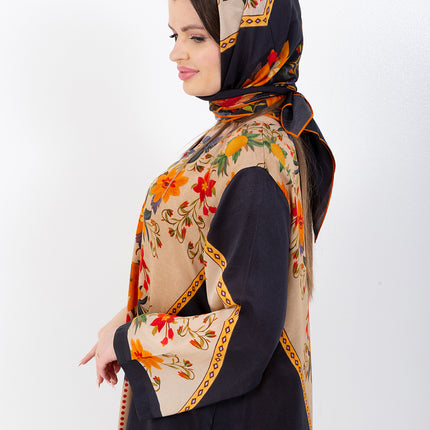 Zaina Black Cupro Satin Kaftan Set with Matching Scarf