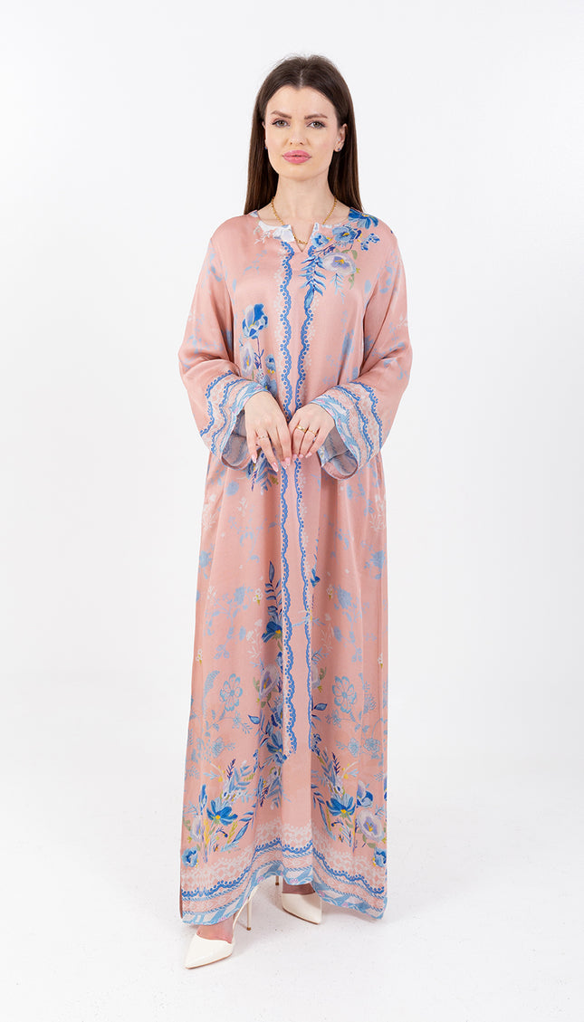 Ayla Blush Peach Cupro Satin Kaftan Set with Matching Scarf