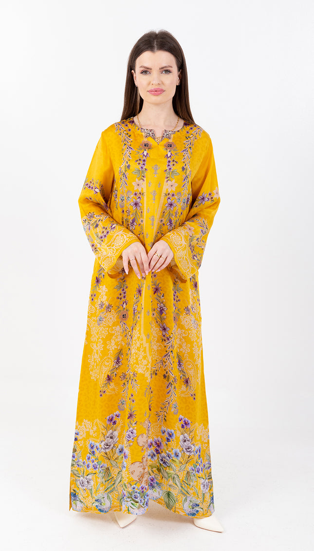 Saira Mustard Bloom Cupro Satin Kaftan Set with Matching Scarf