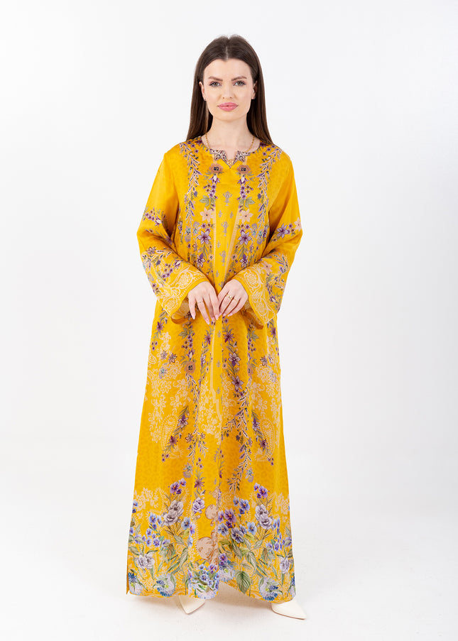 Saira Mustard Bloom Cupro Satin Kaftan Set with Matching Scarf