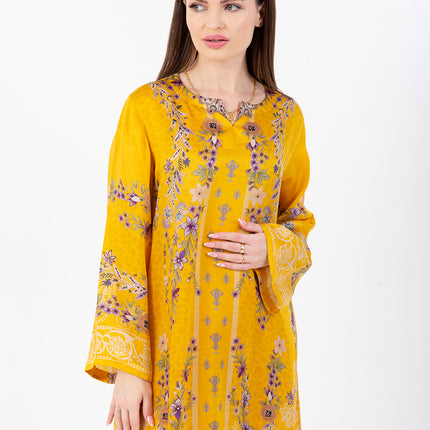 Saira Mustard Bloom Cupro Satin Kaftan Set with Matching Scarf