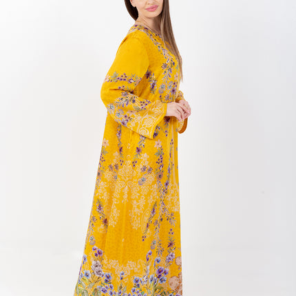 Saira Mustard Bloom Cupro Satin Kaftan Set with Matching Scarf