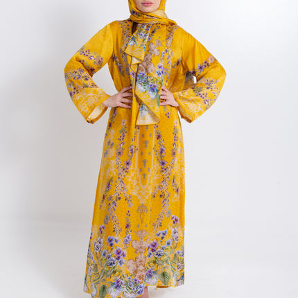 Saira Mustard Bloom Cupro Satin Kaftan Set with Matching Scarf
